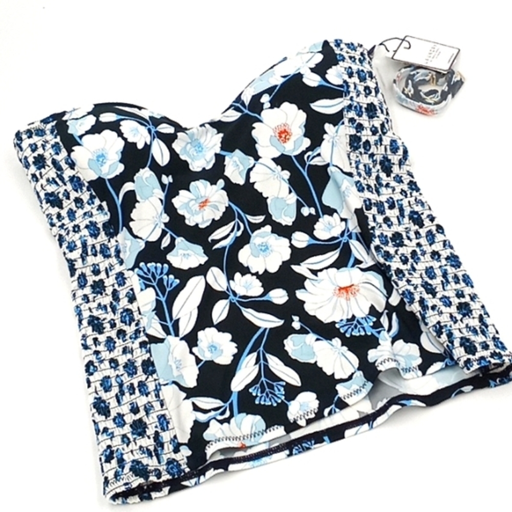 Laundry by Shelli Segal Floral Smocked‎ Side Sweetheart Tankini Top Blue S